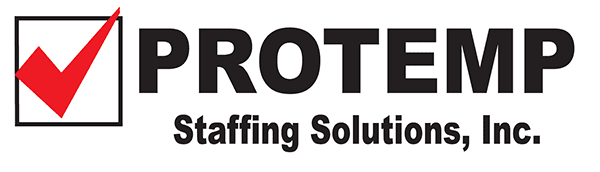 Logo of PROTEMP Staffing Solutions, Inc., featuring a large red check mark inside a square to the left of the company's name in bold, black text.